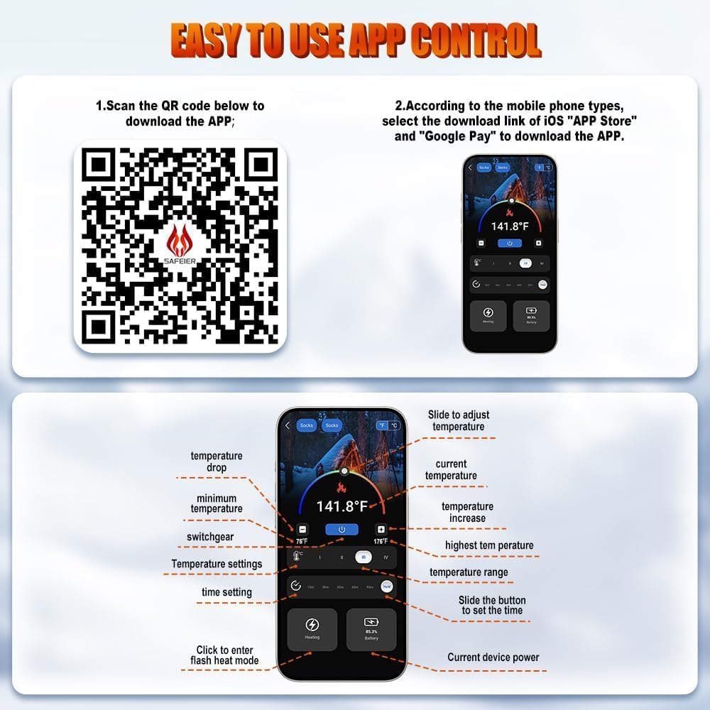 Heated Socks for Men Women, 6000mAh*2 Battery Heated Socks, Electric Heated Socks Rechargeable Smart Foot Warmers Washable for Camping Fishing Cycling Skiing Skating Hiking Camping