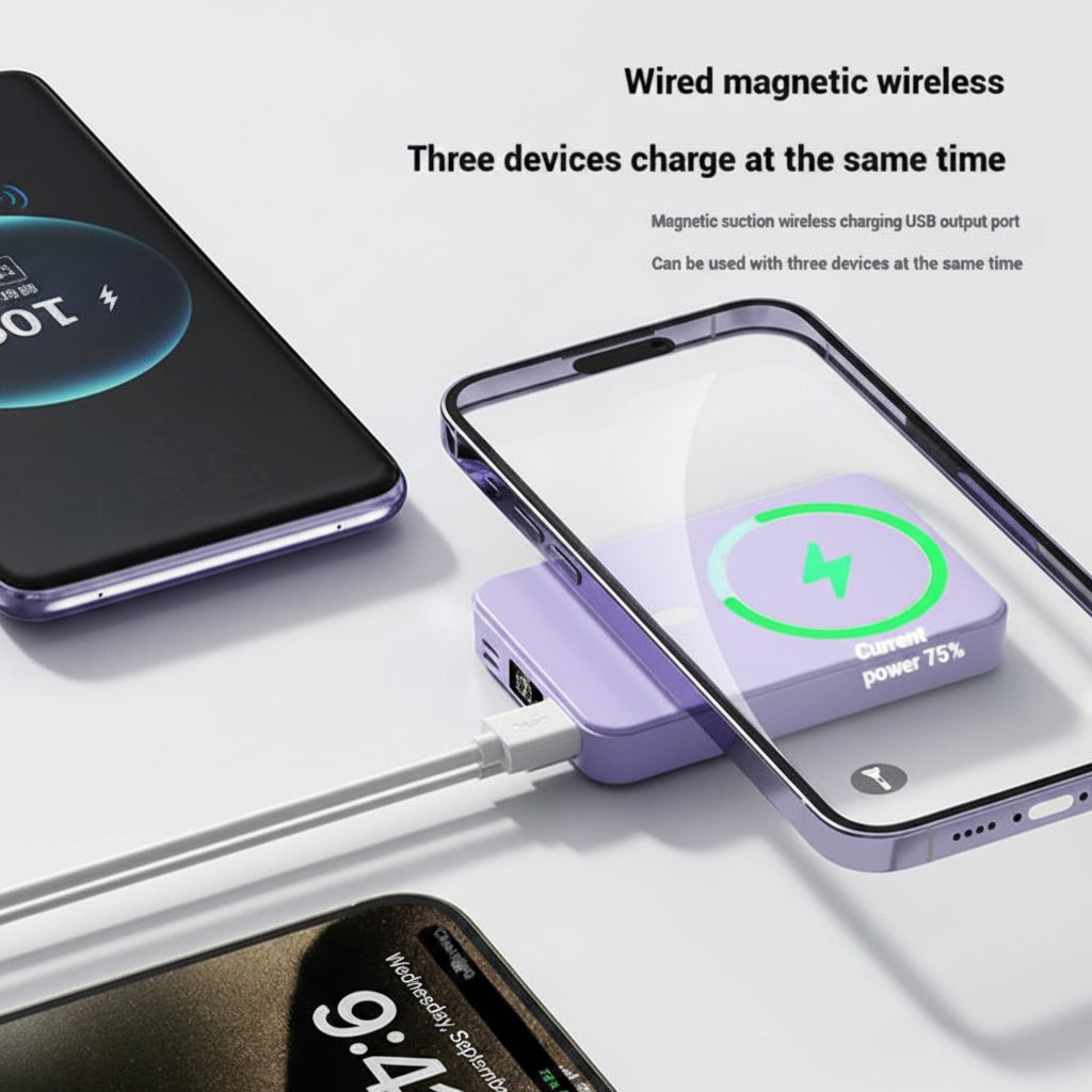 A light purple magnetic wireless charging dock shown with two smartphones charging at the same time on a clean white background, with promotional text above.